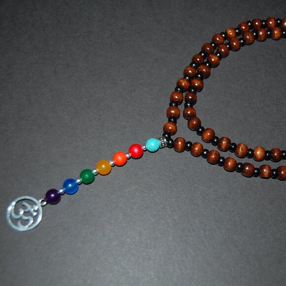Wood Necklace,Om Necklace,7 Chakra Necklace,Stone and Wood Beads,Yoga Necklace - Picture 3 of 3